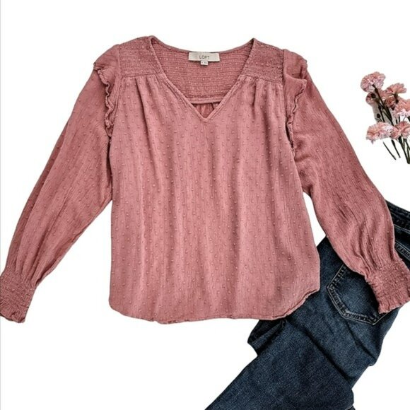 Ann Taylor LOFT Women's Rose Pink Textured Blouse Size Medium Peasant Polka Dots - Picture 13 of 13